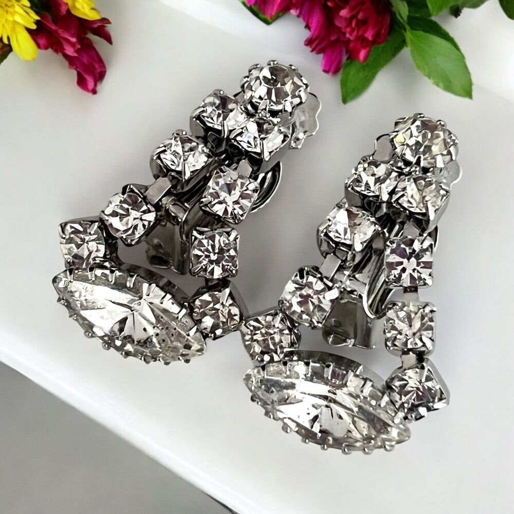 Vintage 1960s Clip On Earrings Rhinestone Drop Silver Tone Mid Century - 10Y